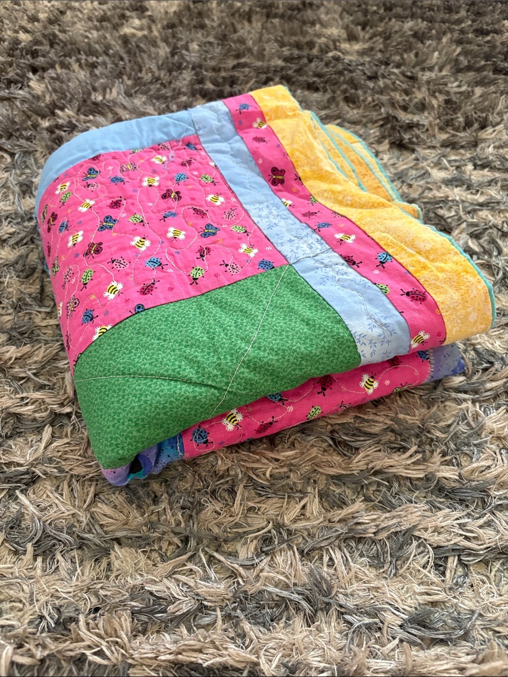 Handmade Colorful Patchwork Baby Quilt - Pink, Green, Light Blue, Yellow - Picture 5 of 6